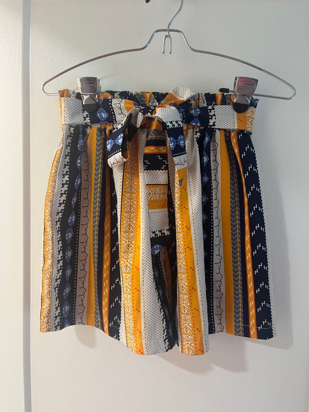 High-Waist Paperbag Stripe Shorts with Tie Belt in Navy, Mustard & White